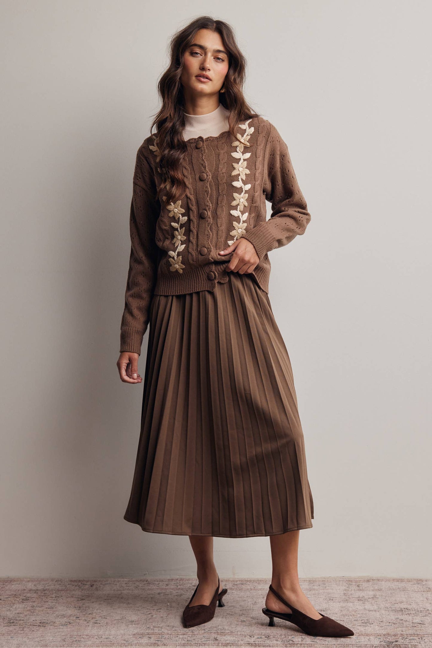Stretch Pleated Midi Skirt FSK0027: Brown / Contemporary / XL
