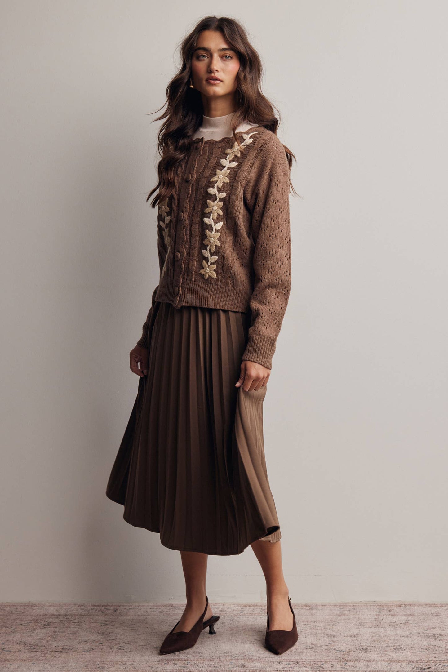 Stretch Pleated Midi Skirt FSK0027: Brown / Contemporary / M