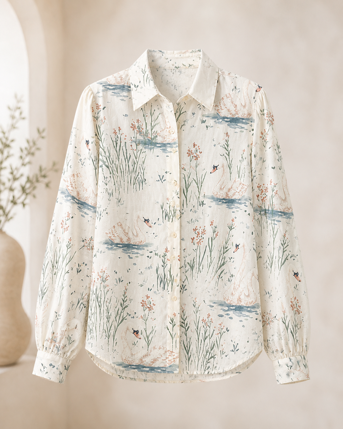 Woven Botanica Swan Collection- Ladies Button Down Top- PREORDER