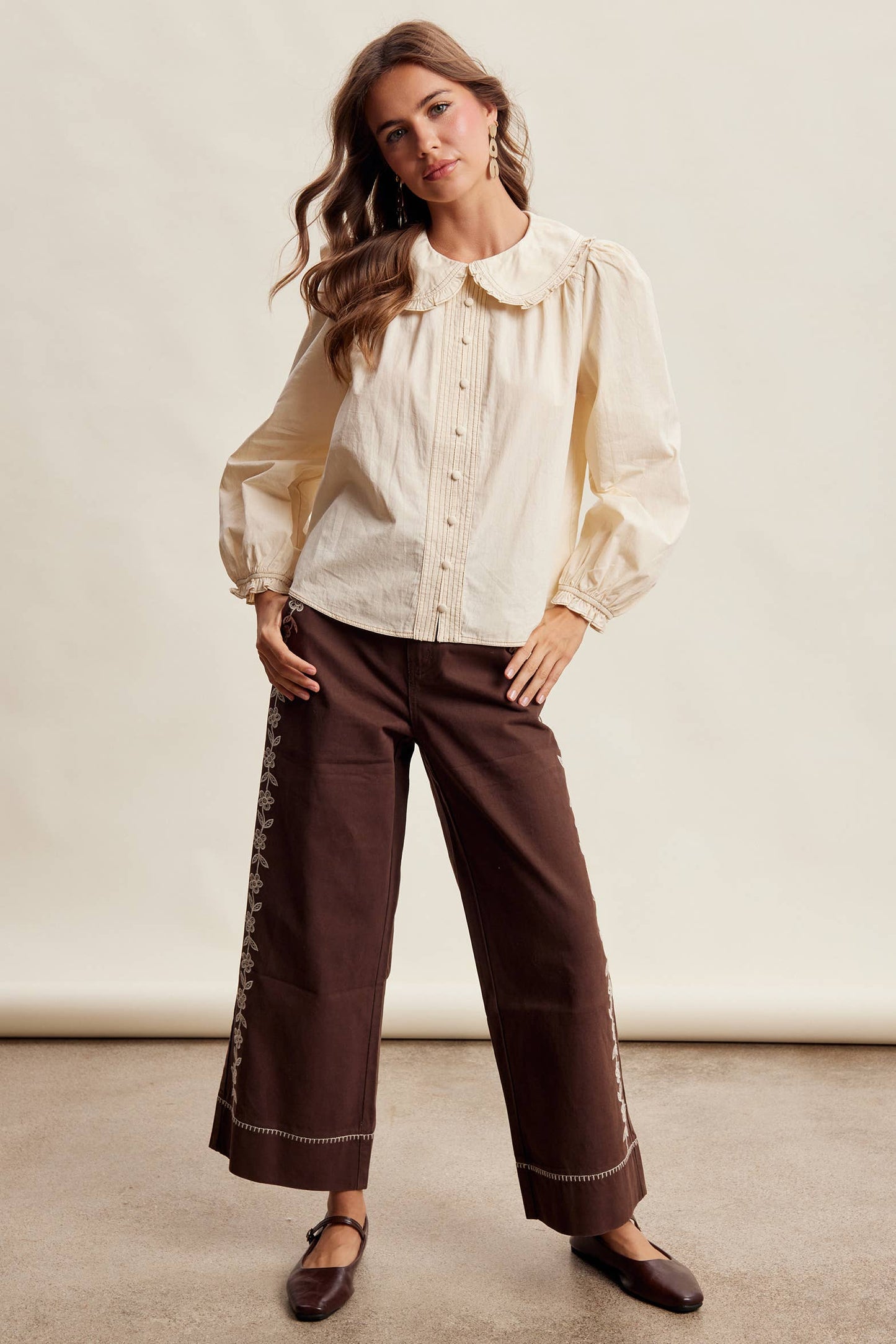 Contrast Stitch Ruffle Collar Cotton Blouse LT1488: Cream / Contemporary / S