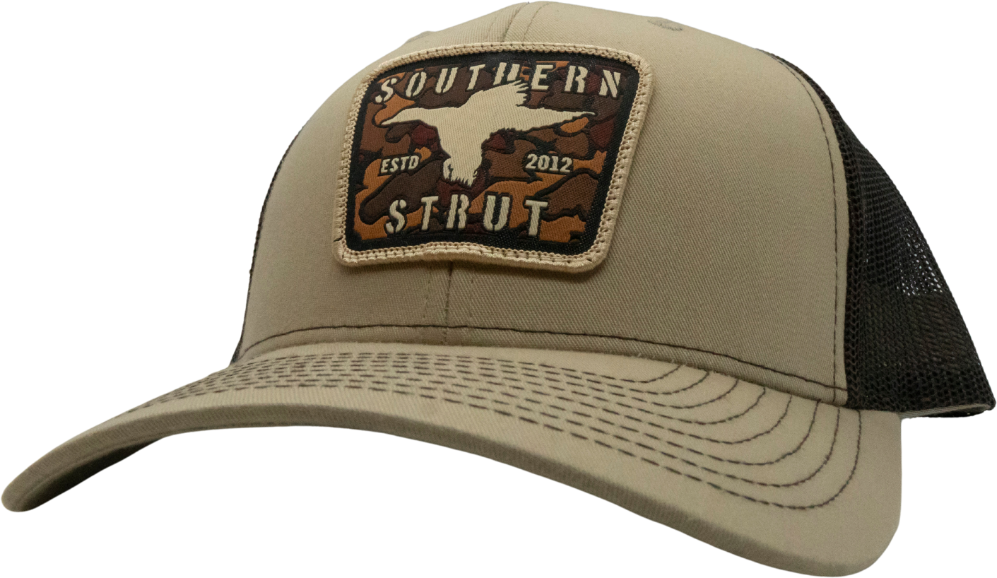 Camo Duck Woven Patch Trucker Hat: Tan/Loden/Brown