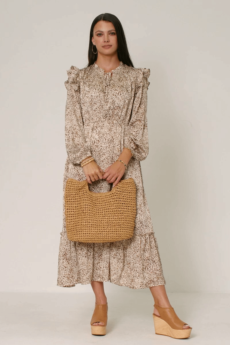 Womens Ditsy Floral Ruffle Detailed Buttoned Dress: Taupe / M