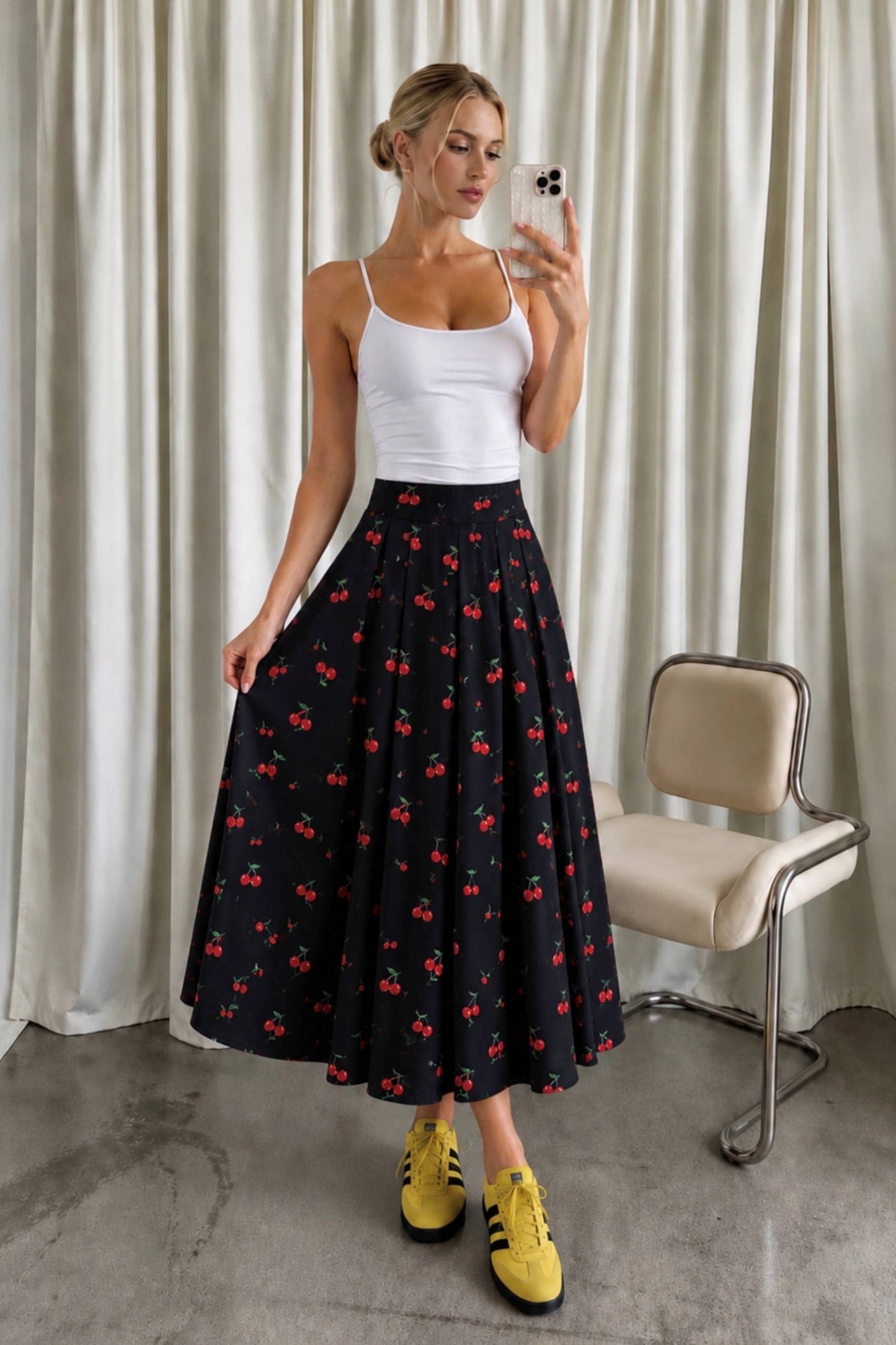 CHRRY PRINT MIDI SKIRT: BLACK CHERRY / XL