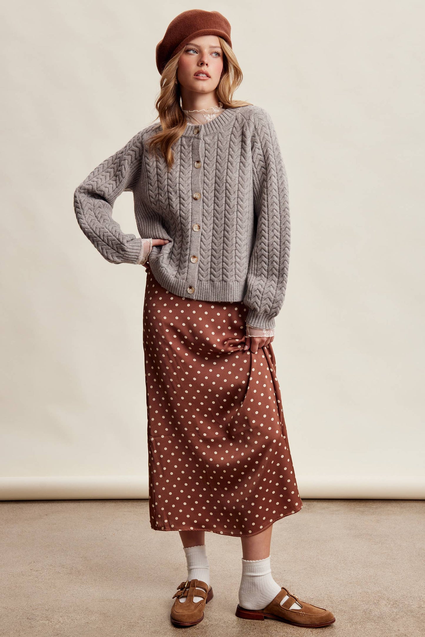Polka Dot Satin Maxi Skirt LSK0289: Mocha / Contemporary / XL