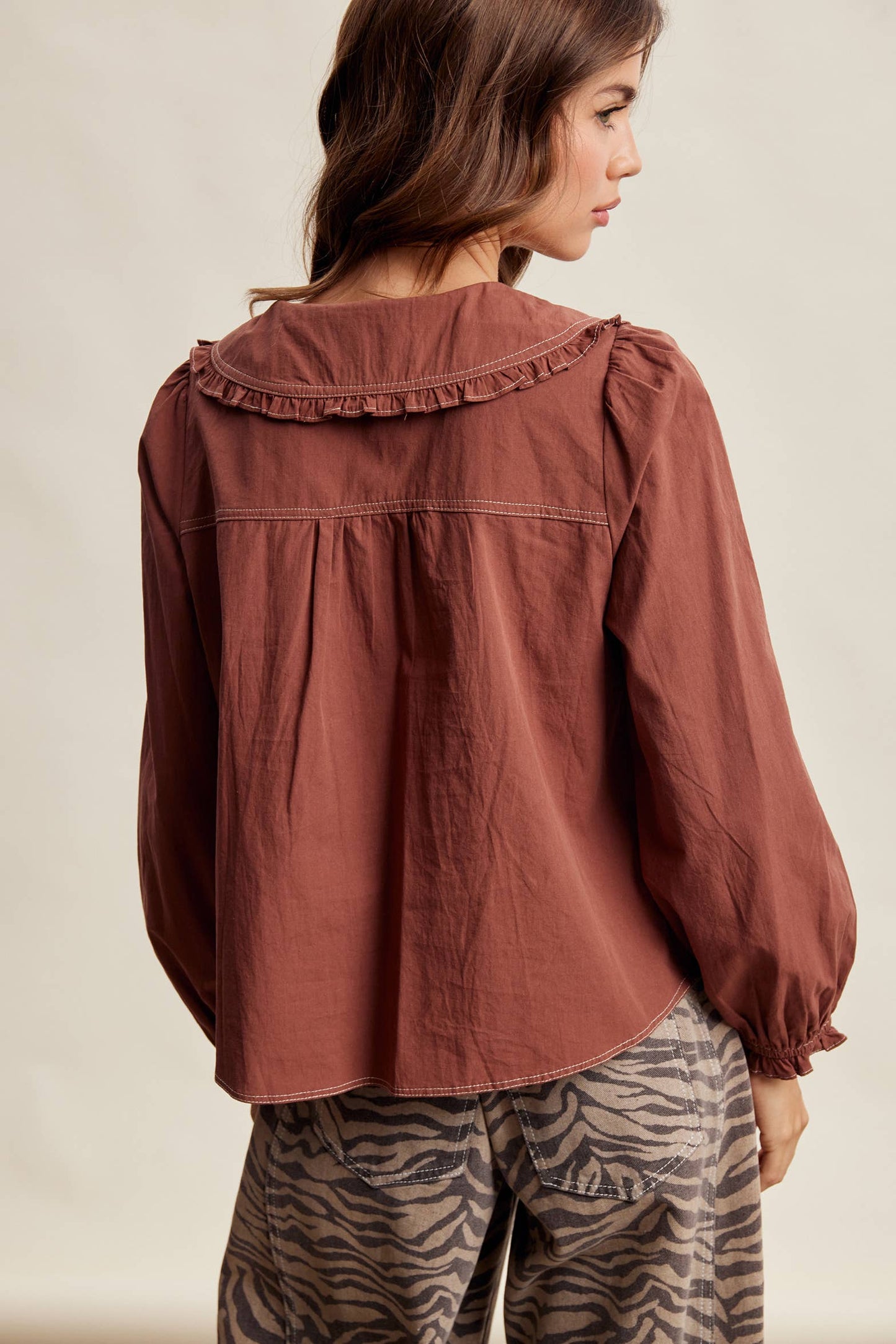 Contrast Stitch Ruffle Collar Cotton Blouse LT1488: Cream / Contemporary / XL