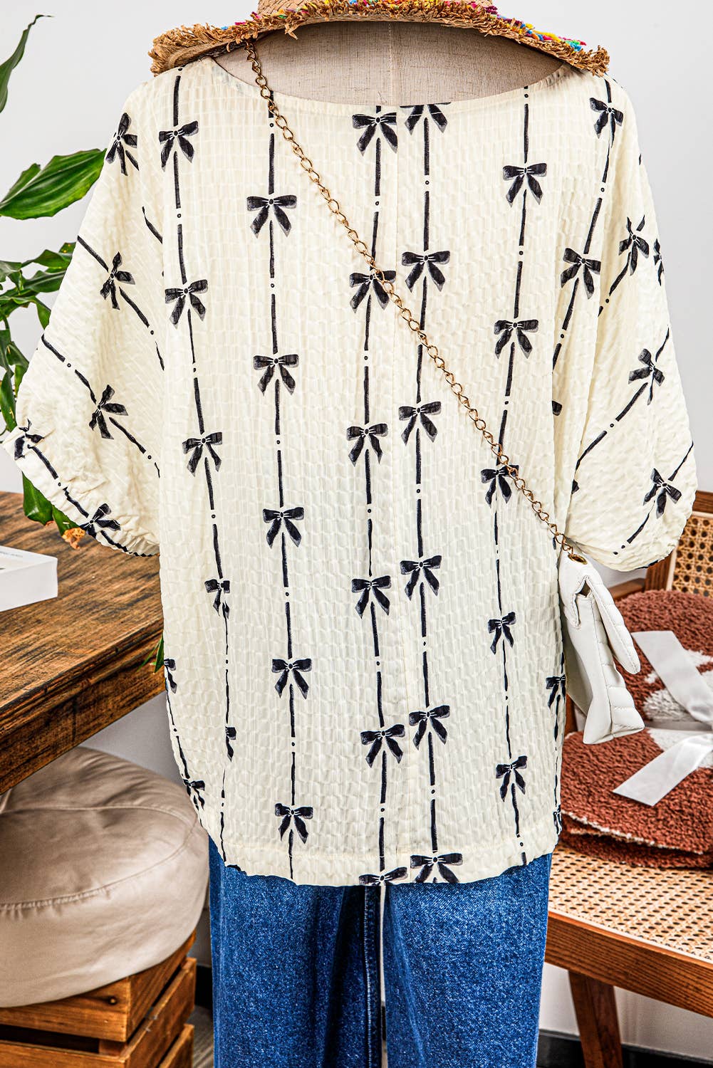 Fashion-W Bow Print Puff Short Sleeve Top: As shown / Missy / L
