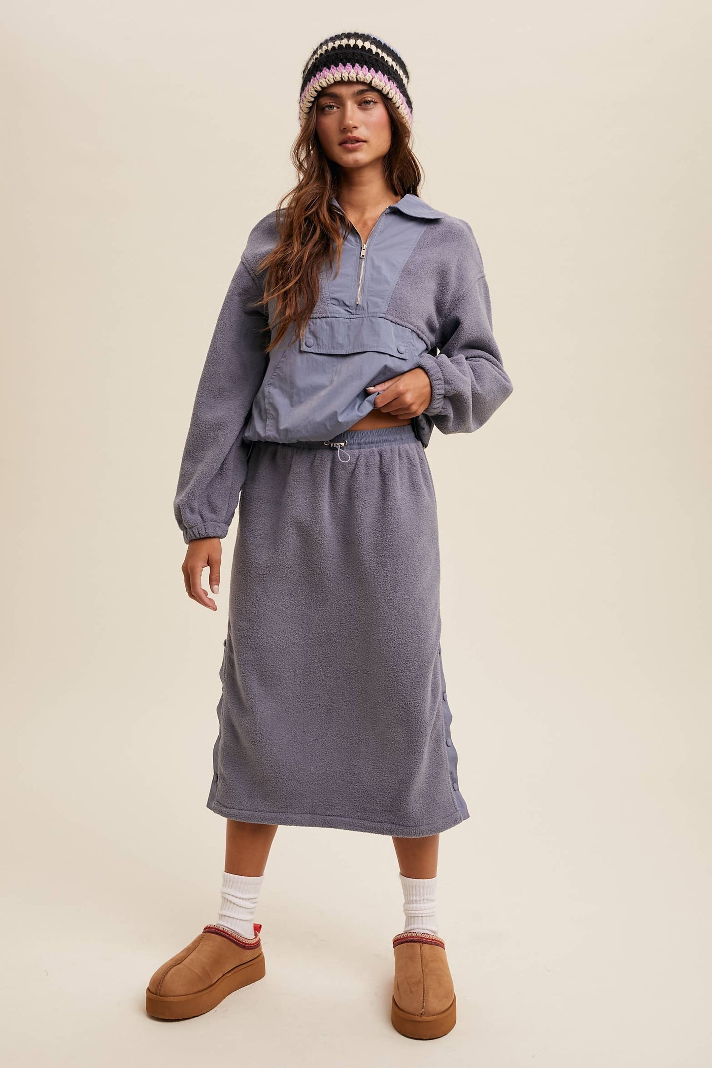 Fleece Pullover & Skirt Set: Taupe / Contemporary / L