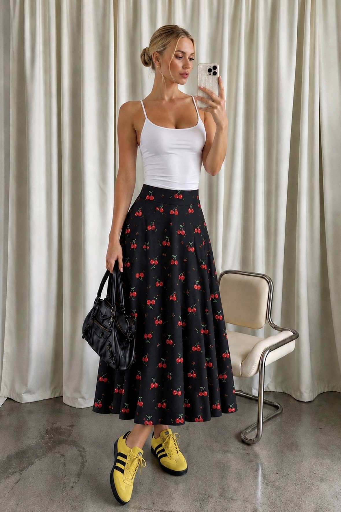 PLUS SIZE CHRRY PRINT MIDI SKIRT: BLACK CHERRY / 2XL