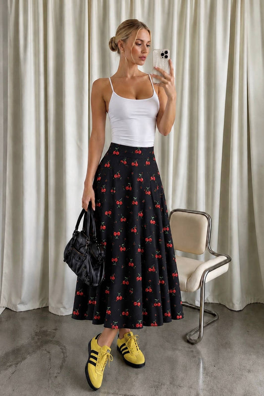 CHRRY PRINT MIDI SKIRT: BLACK CHERRY / S