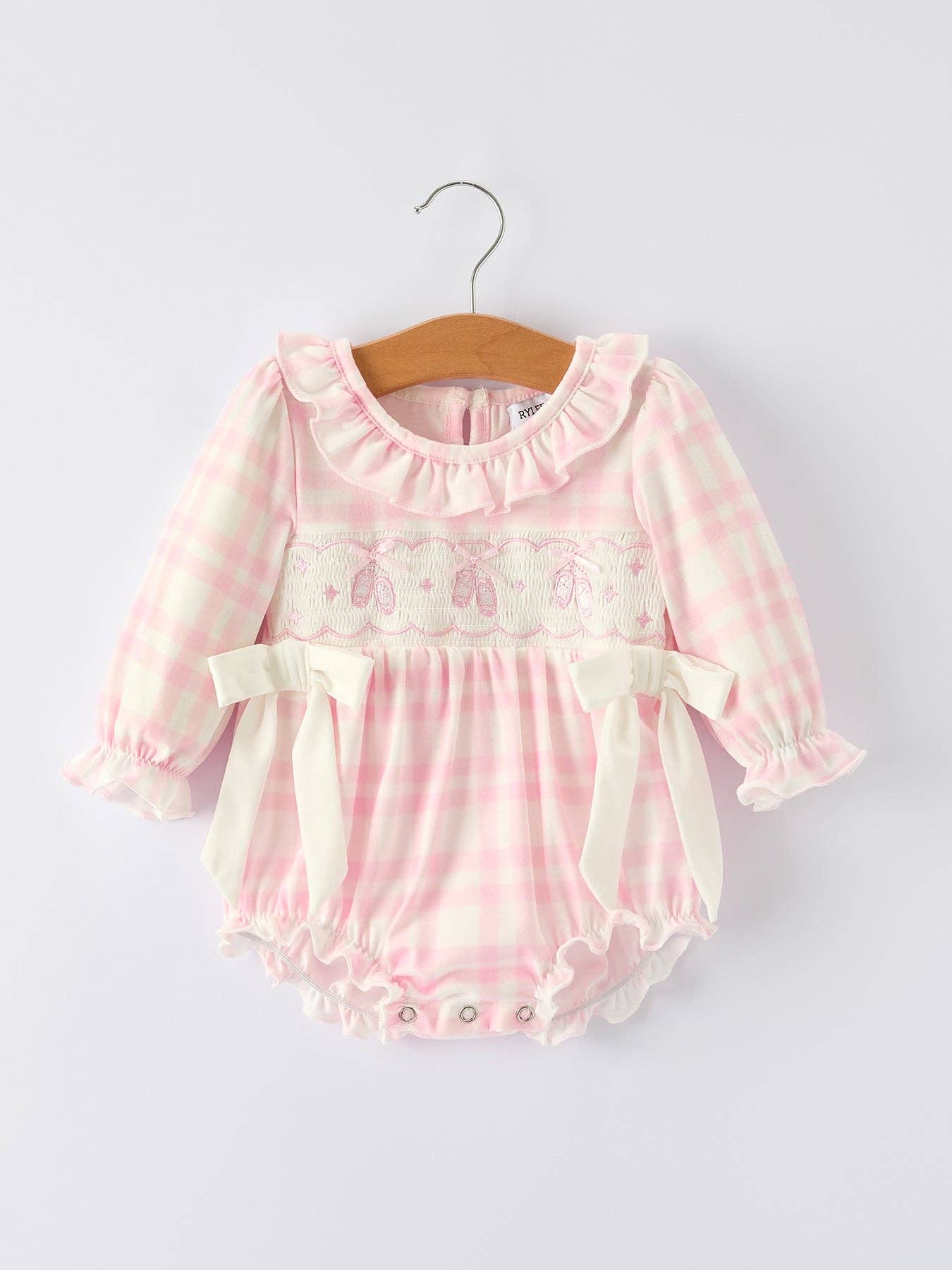 Pink Plaid Ruffle Ballet Shoe Embroidery Long Sleeve Romper: 6M