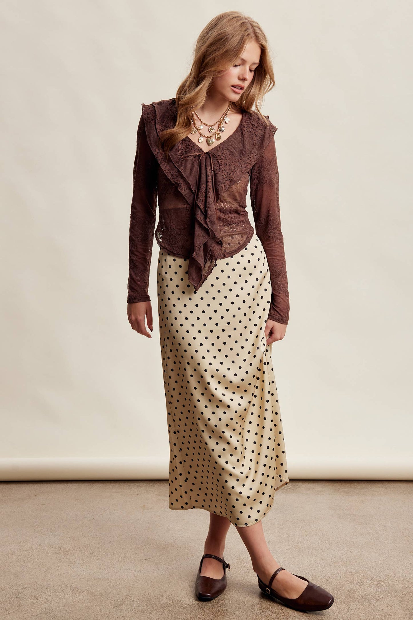 Polka Dot Satin Maxi Skirt LSK0289: Mocha / Contemporary / S