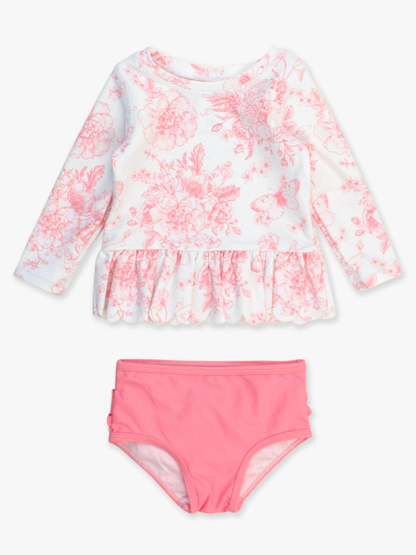 Girls Pink Butterfly Garden Toile Long Sleeve Rash Guard 2-Piece: Pink / 6