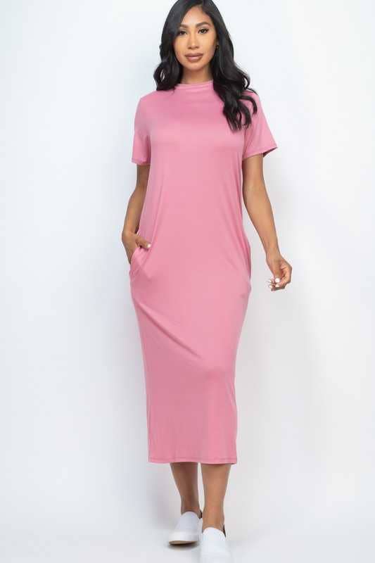 Basic Solid Side Pocket Tee Shirt Dress