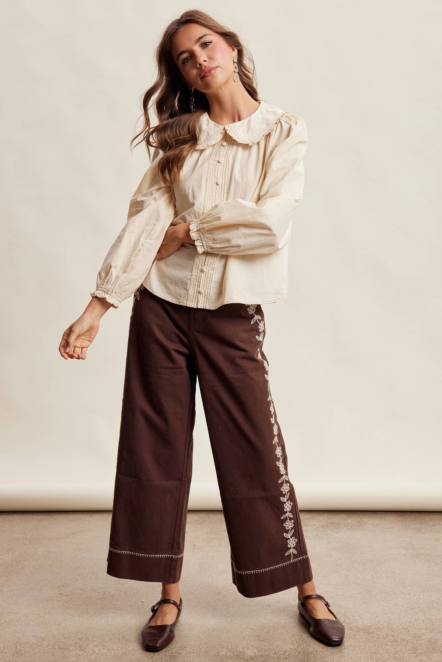 Contrast Stitch Ruffle Collar Cotton Blouse LT1488: Cream / Contemporary / L