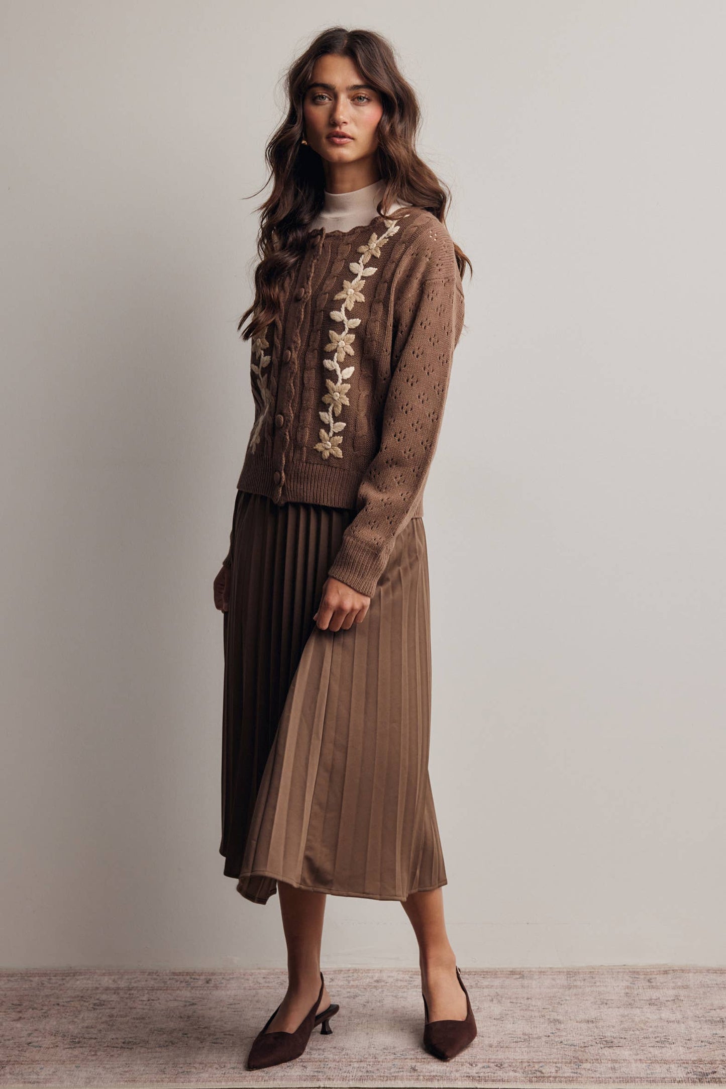 Stretch Pleated Midi Skirt FSK0027: Brown / Contemporary / M