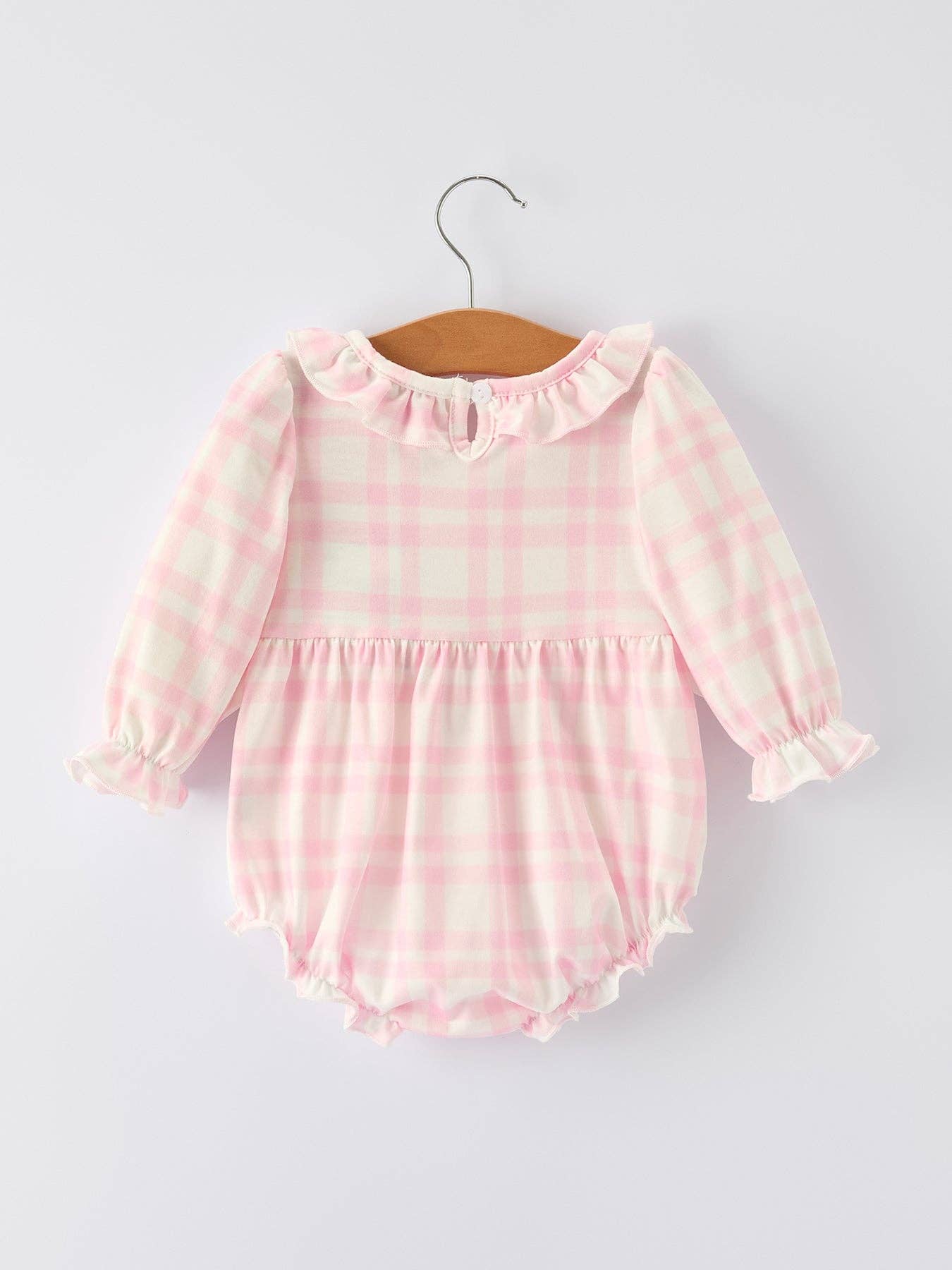 Pink Plaid Ruffle Ballet Shoe Embroidery Long Sleeve Romper: 3M