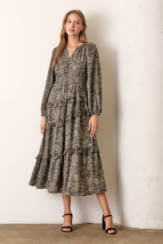 PRINTED FLORAL TIERED MAXI DRESS: DUSTY OLIVE MULTI / M