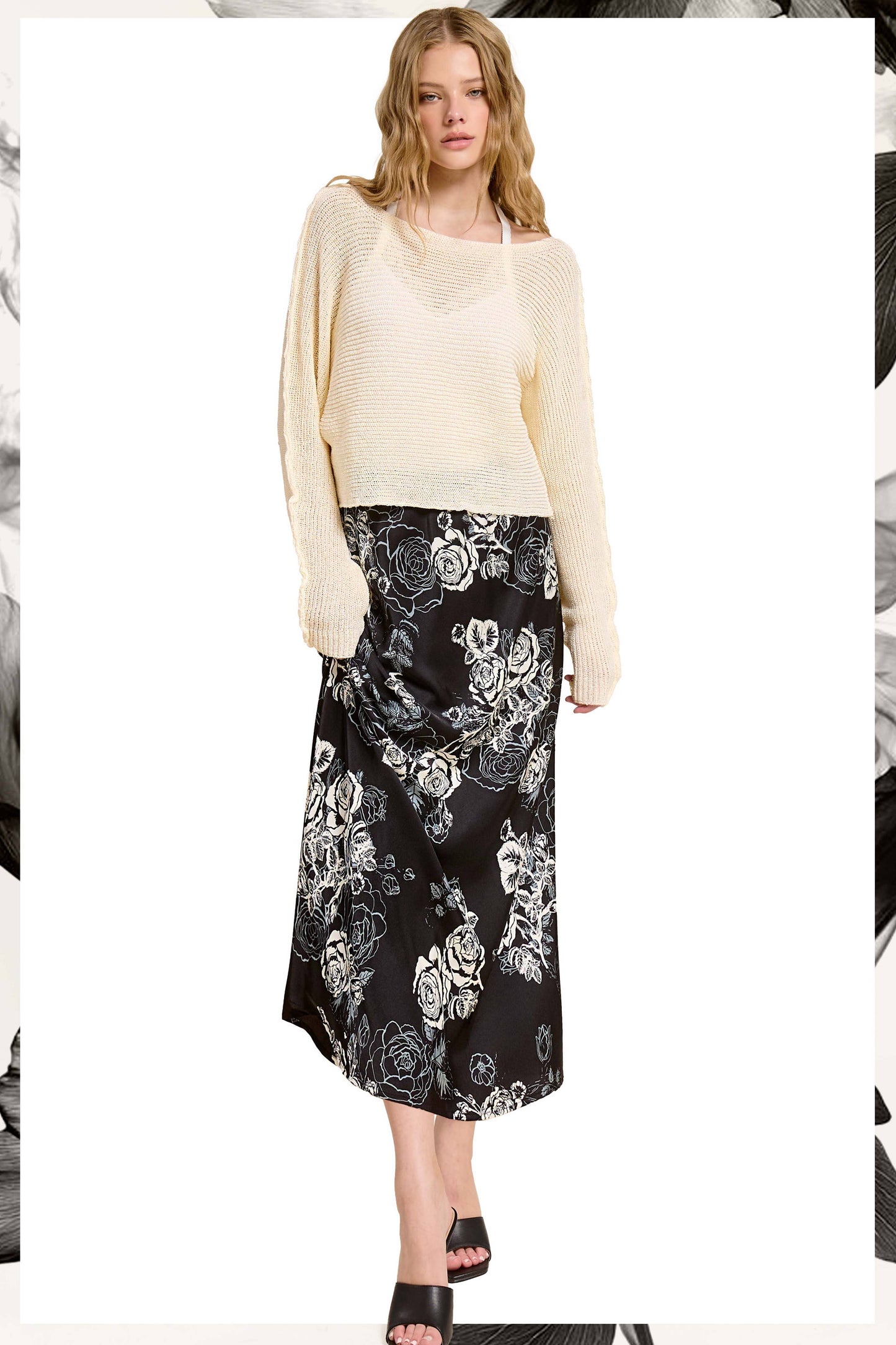 JDP4238-Elegant Contrast Floral Satin Midi Skirt: Black / L