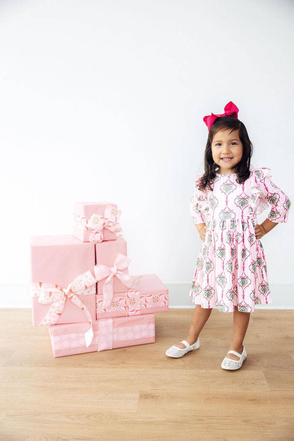 Merry Mistletoe 3/4 Sleeve Ruffle Twirl Dress: 3T