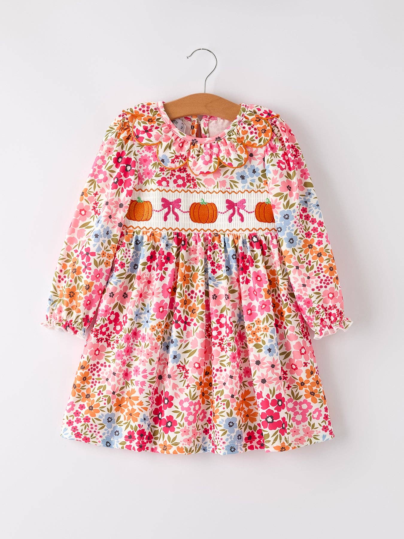 Fall Halloween & Thanksgiving Pumpkin Bow Smock Embroidered Floral Dress: 3