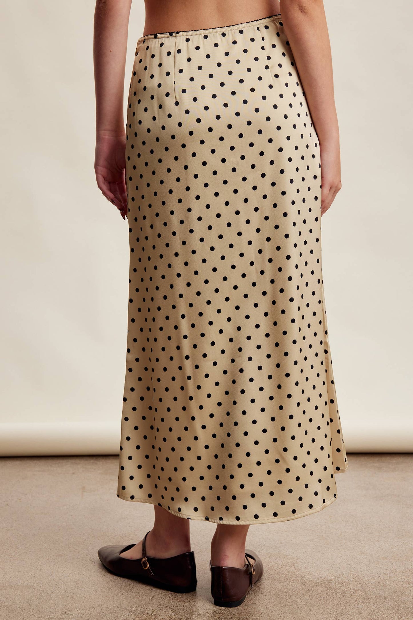 Polka Dot Satin Maxi Skirt LSK0289: Mocha / Contemporary / S