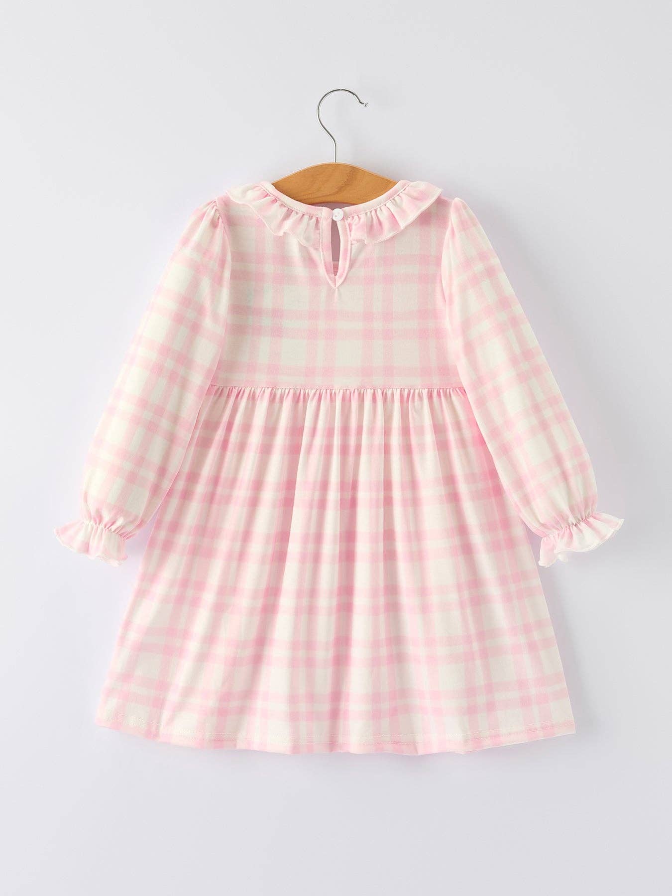 Pink Plaid Ruffle Ballet Shoe Embroidery Long Sleeve Dress: 2