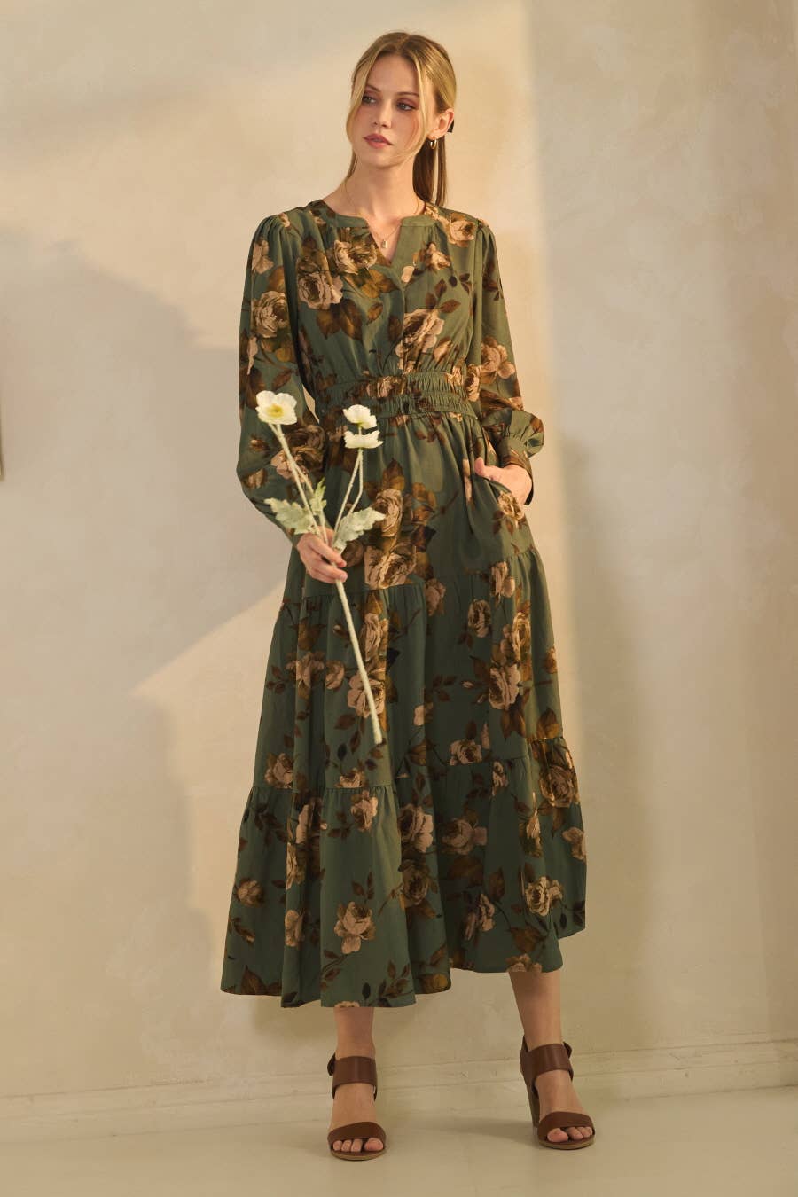 Plus Floral Printed Tiered Maxi Dress: Deep Sage Multi / Plus Size / 3XL