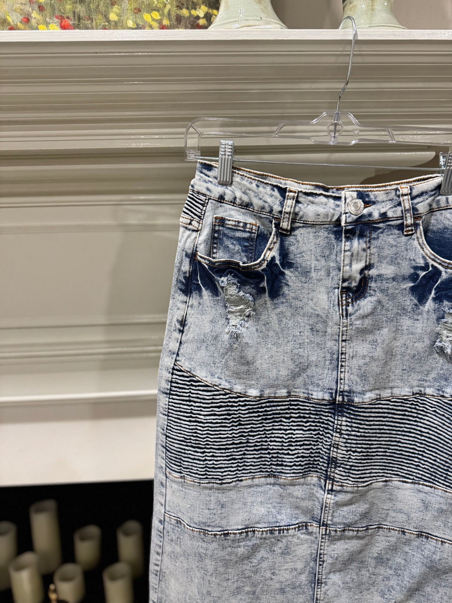 Light Acid Wash Distressed Denim Skirt