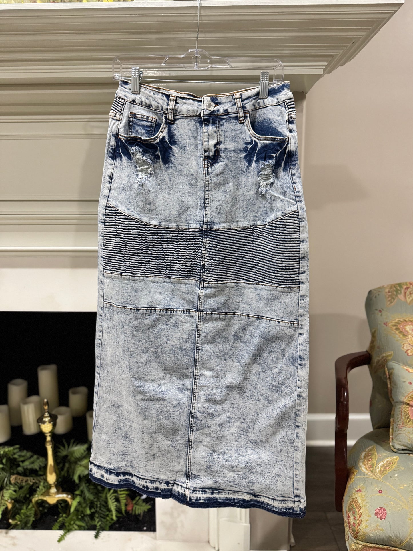 Light Acid Wash Distressed Denim Skirt