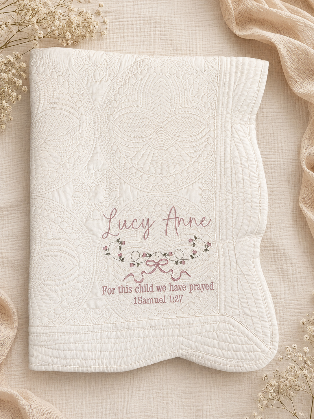 Embroidered Heirloom Ivory Quilt:
