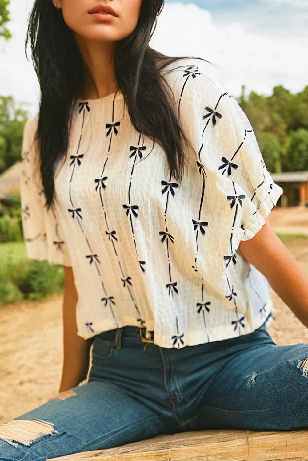 Fashion-W Bow Print Puff Short Sleeve Top: As shown / Missy / L