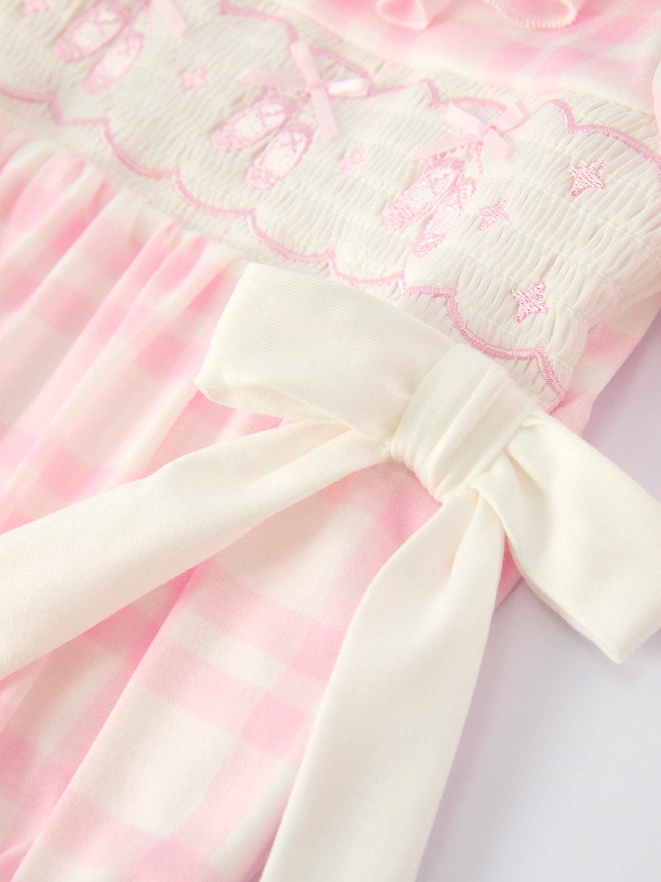 Pink Plaid Ruffle Ballet Shoe Embroidery Long Sleeve Romper: 3M