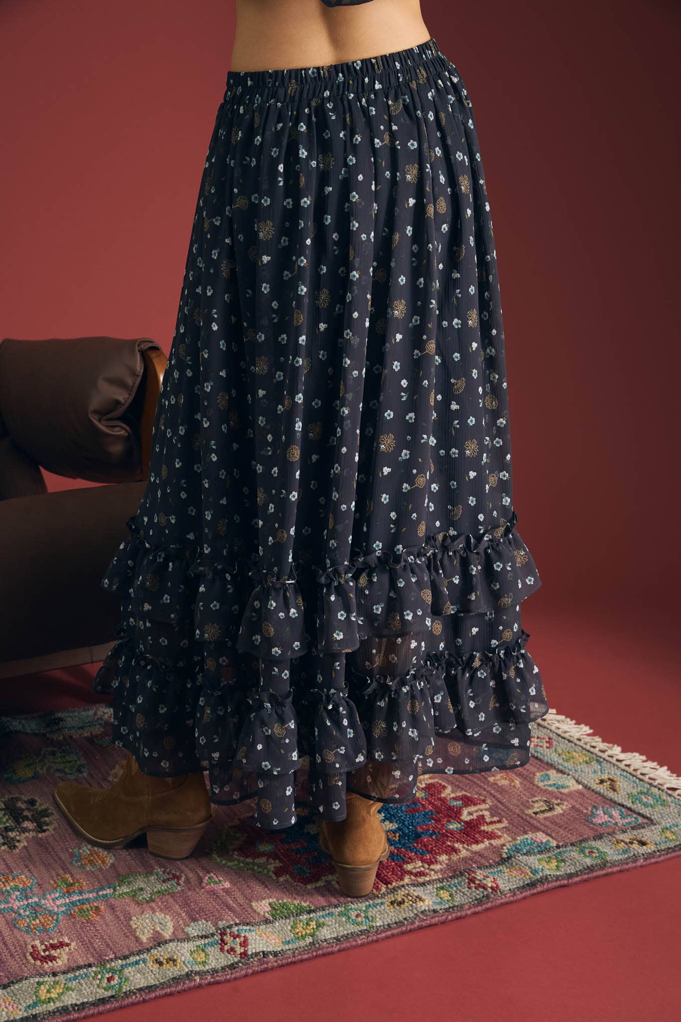 FLORAL RUFFLED TIERED HEM MIDI SKIRT: MOCHA MULTI