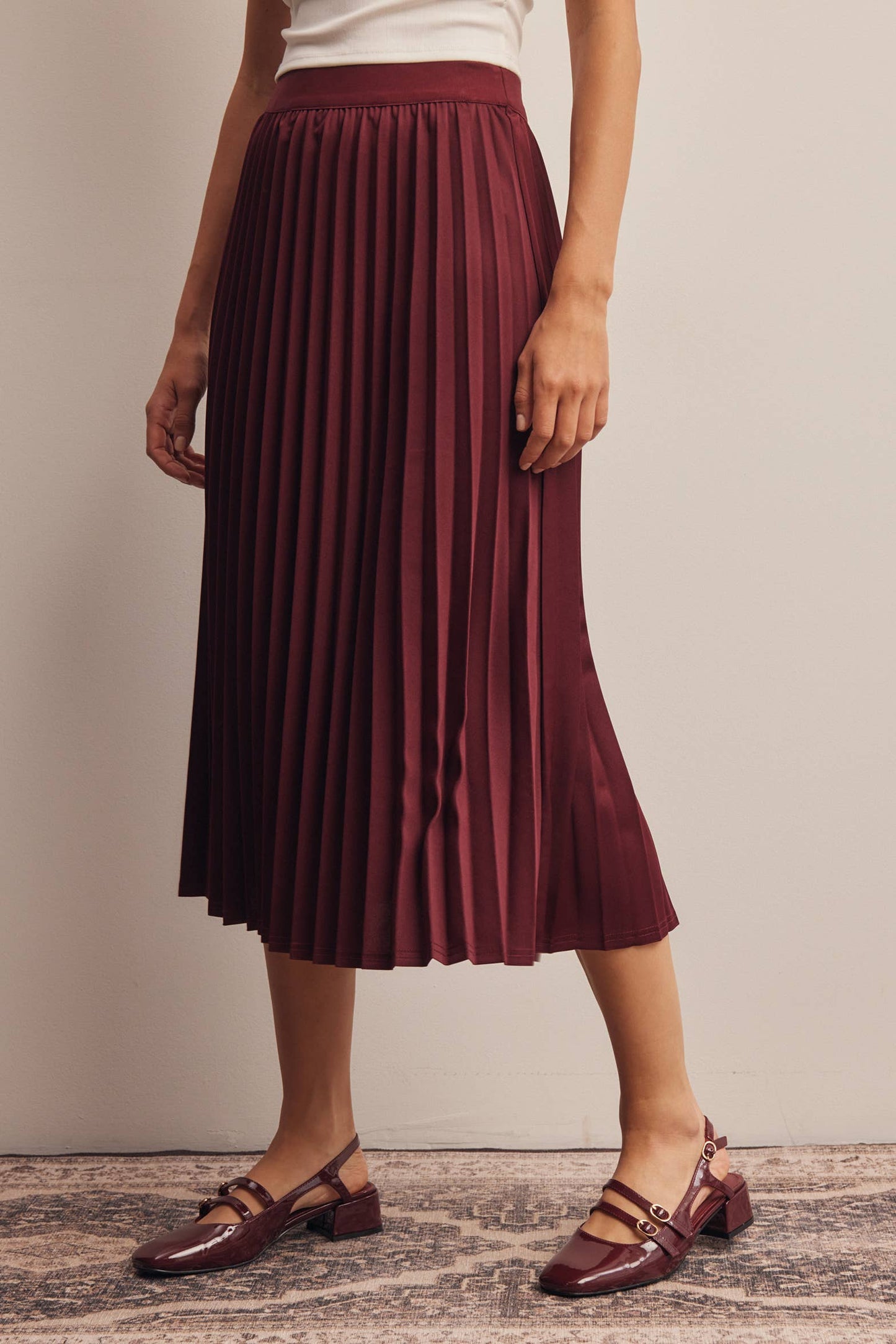 Stretch Pleated Midi Skirt FSK0027: Brown / Contemporary / L