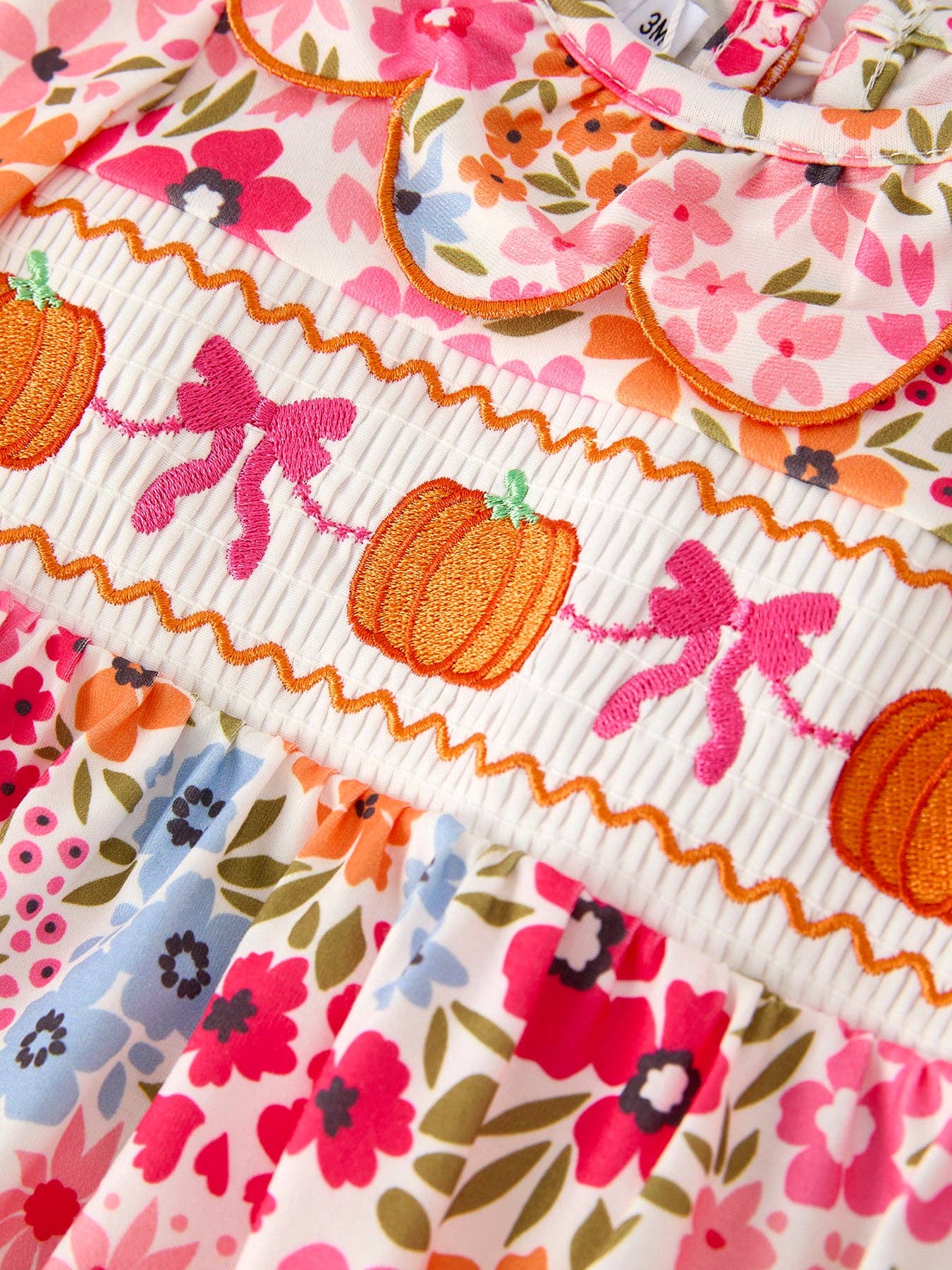 Fall Halloween & Thanksgiving Pumpkin Bow Smock Embroidered Floral Baby Girl Romper: 18M