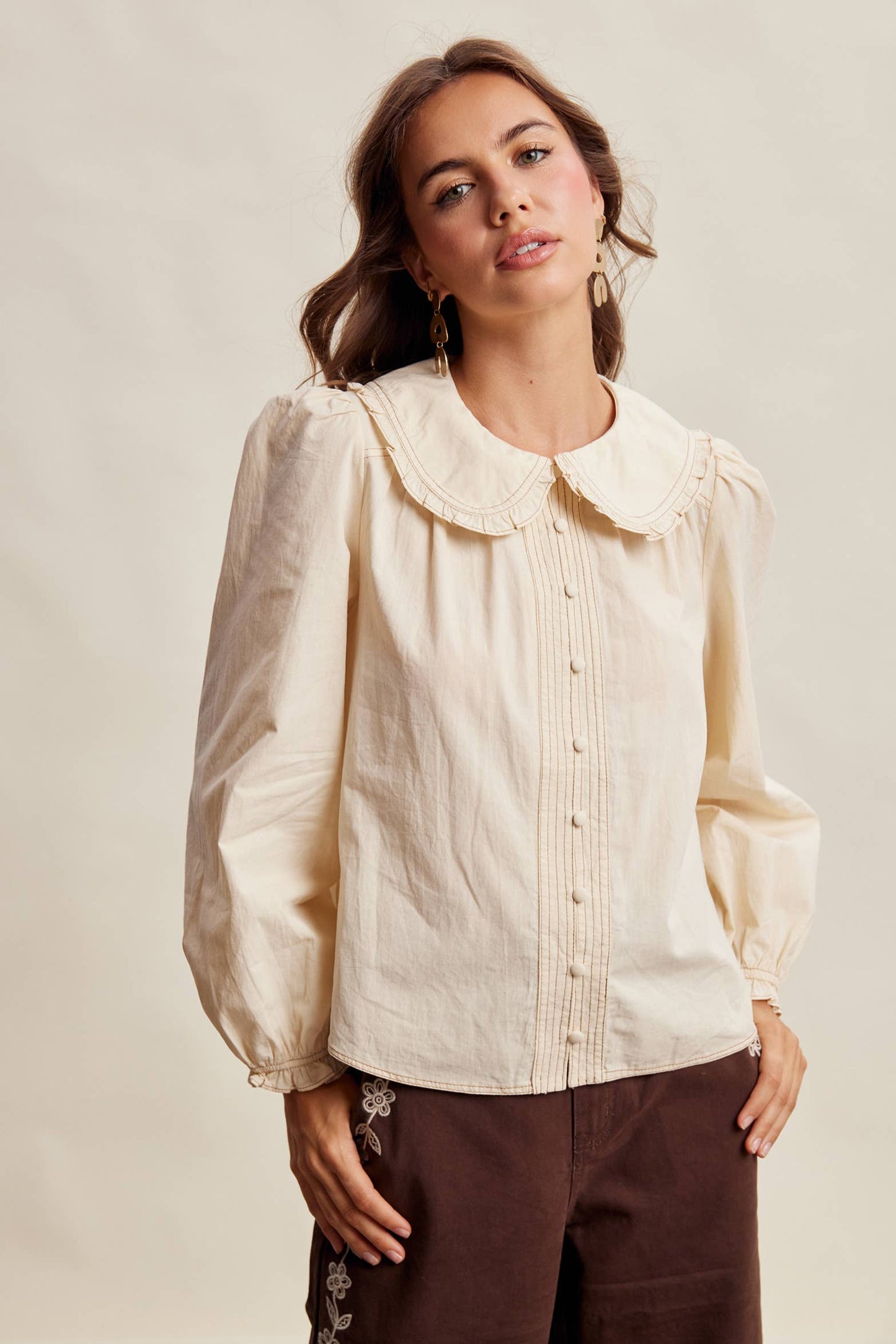 Contrast Stitch Ruffle Collar Cotton Blouse LT1488: Cream / Contemporary / XL