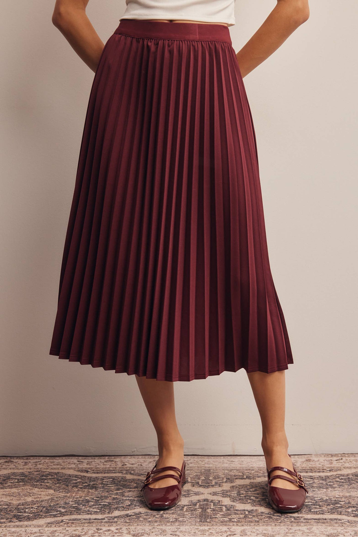 Stretch Pleated Midi Skirt FSK0027: Brown / Contemporary / M
