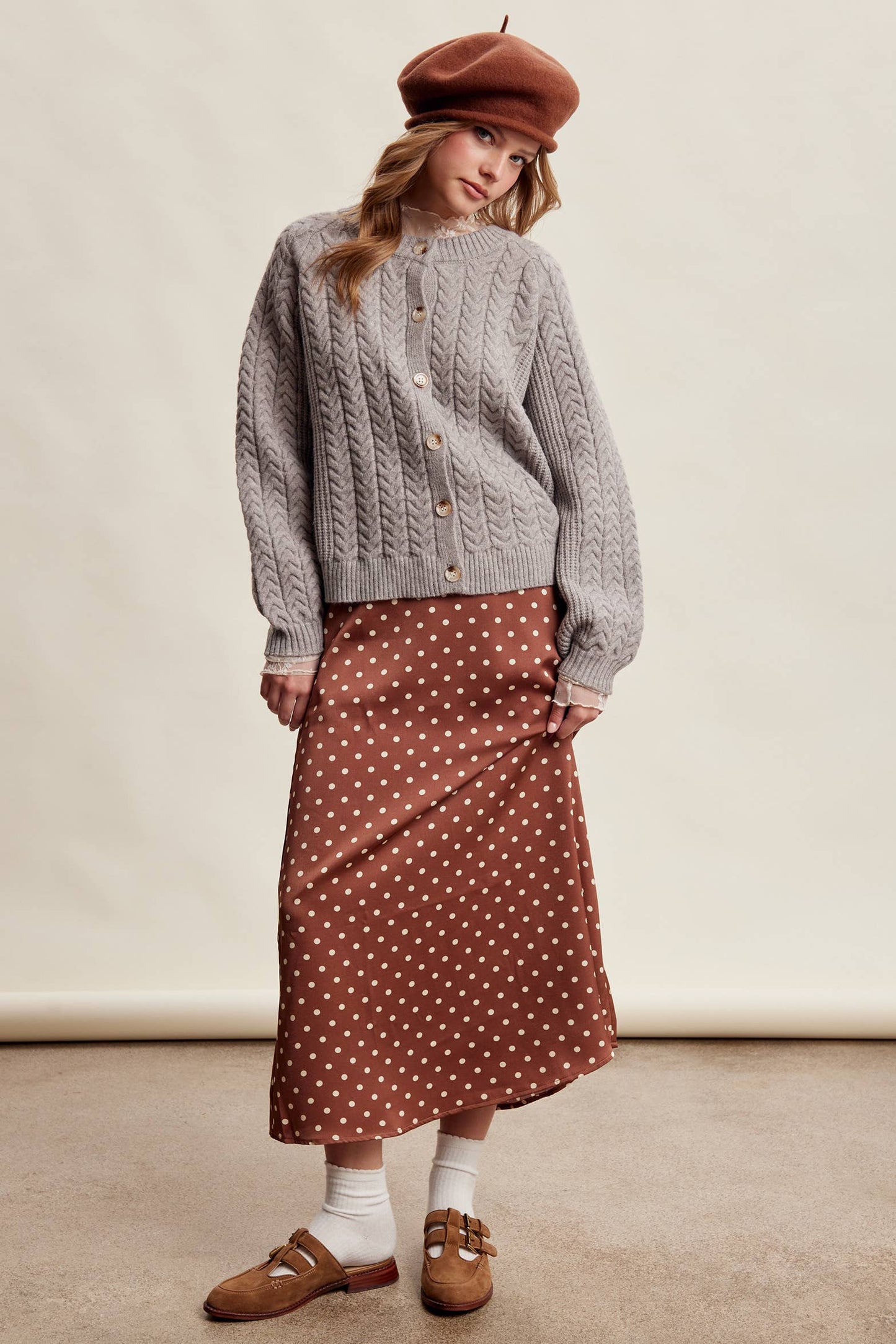 Polka Dot Satin Maxi Skirt LSK0289: Mocha / Contemporary / L
