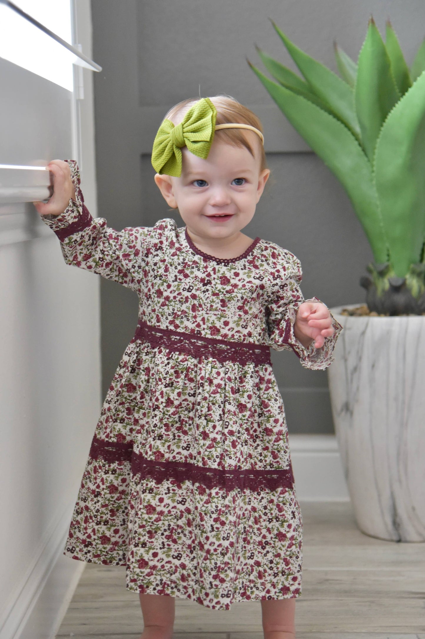 Printed Floral Full-Sleeves Lace Shift Dress With Matching : Infant : Baby: 9-12 month