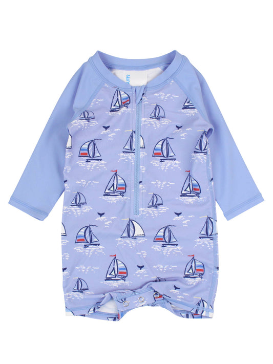 Baby Boys Blue Seas the Day Long Sleeve One Piece Rash Guard: Blue / 12-18m