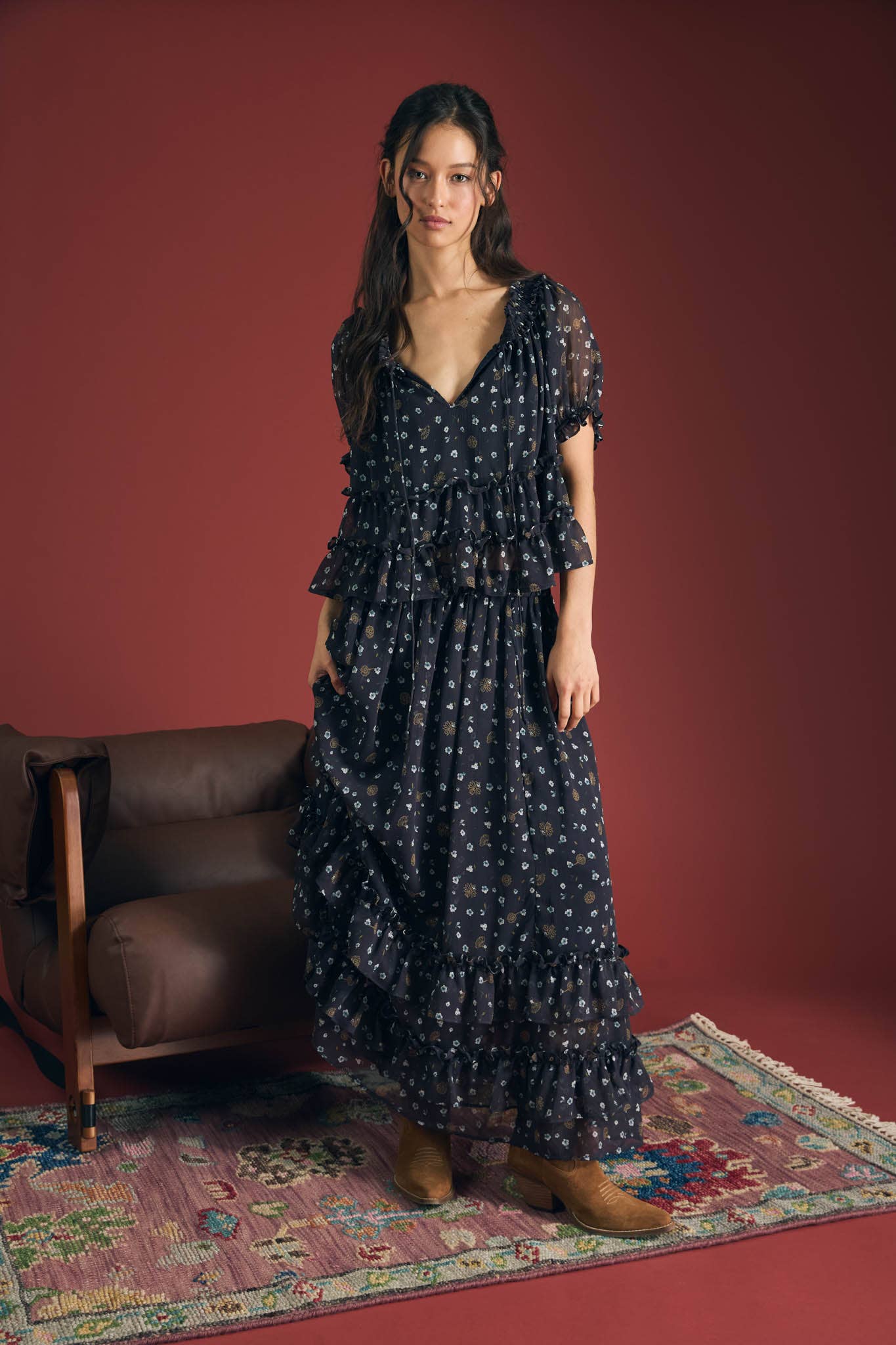 FLORAL RUFFLED TIERED HEM MIDI SKIRT: MOCHA MULTI
