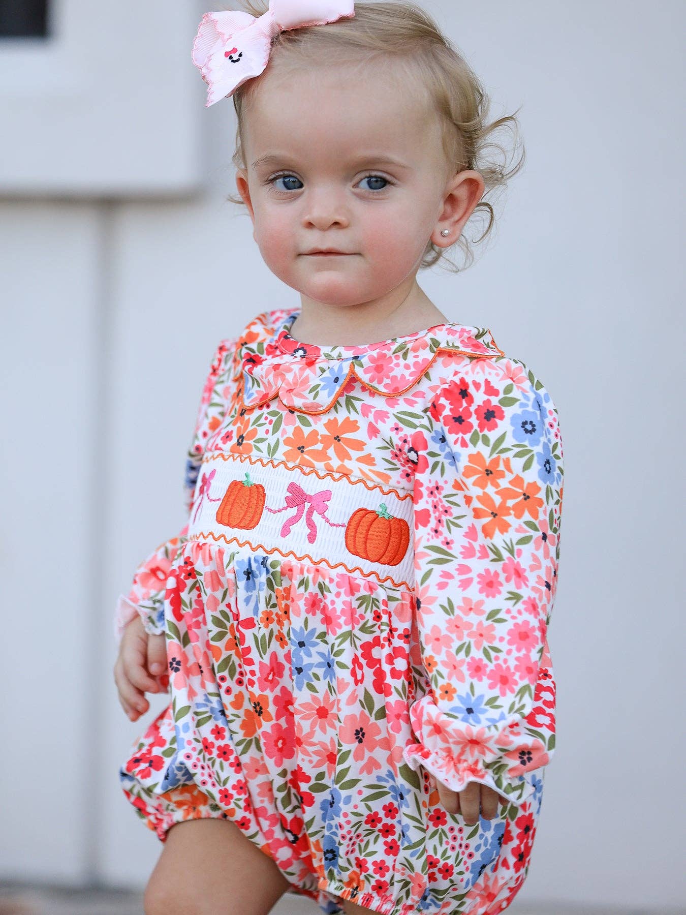 Fall Halloween & Thanksgiving Pumpkin Bow Smock Embroidered Floral Baby Girl Romper: 12M