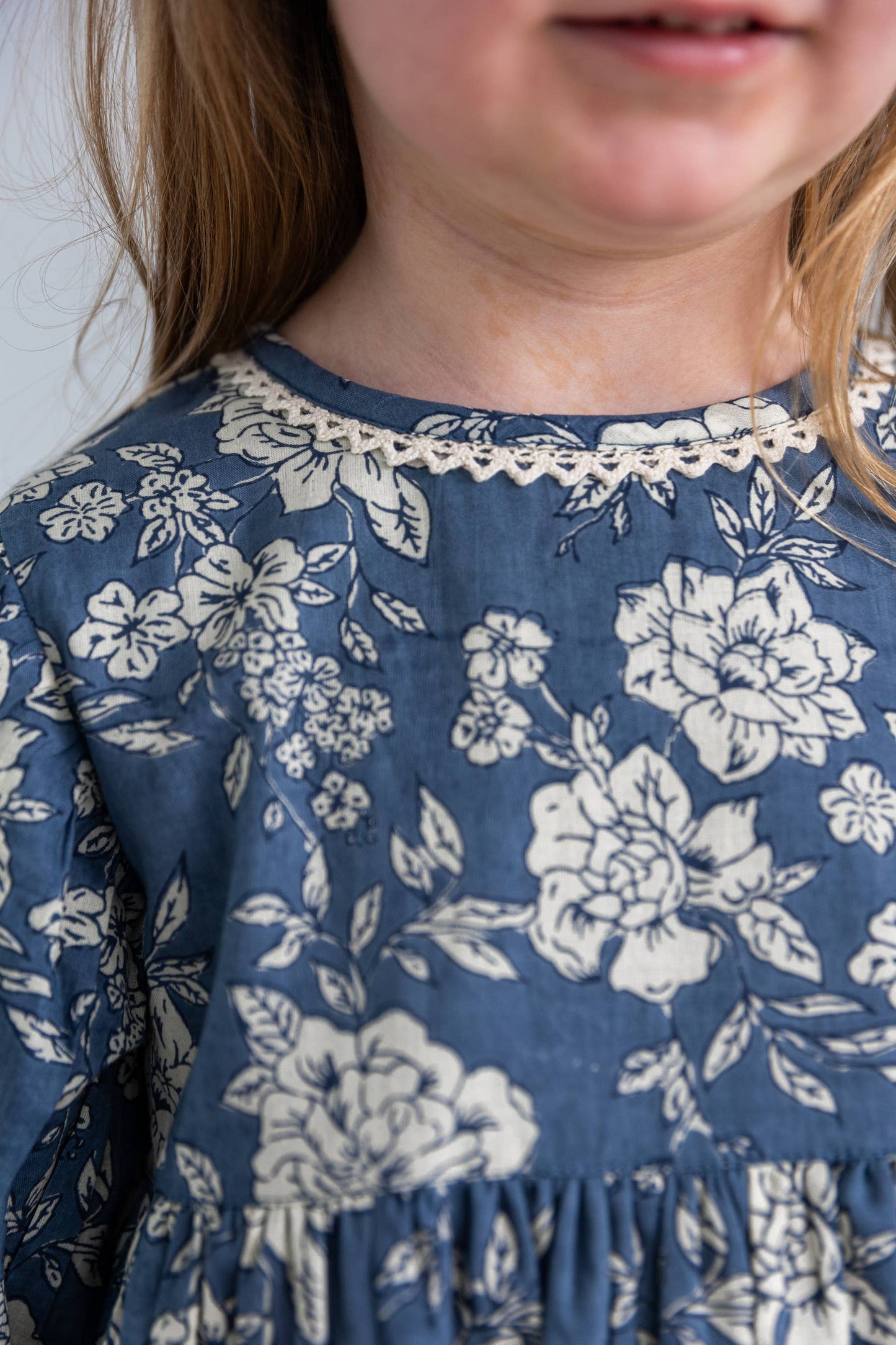 Grey Floral Printed Neck & Bottom Lace Long Sleeves Gathered : Infant : Baby : Toddler : Tween : Kids: 12-18 month