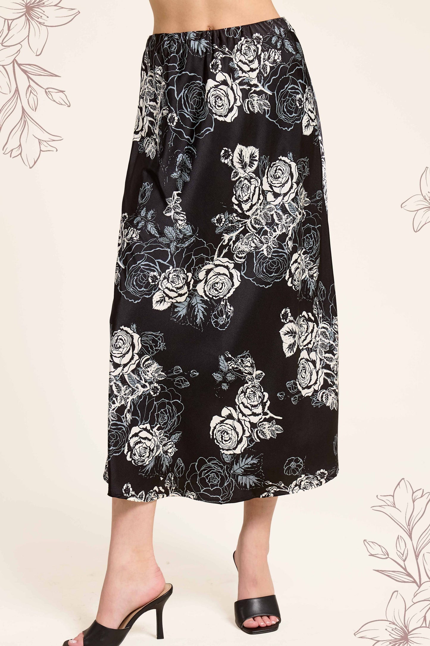 JDP4238-Elegant Contrast Floral Satin Midi Skirt: White / M