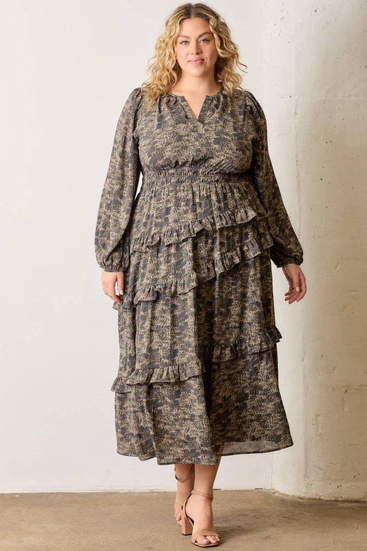 PRINTED FLORAL TIERED MAXI DRESS: DUSTY OLIVE MULTI / 3XL