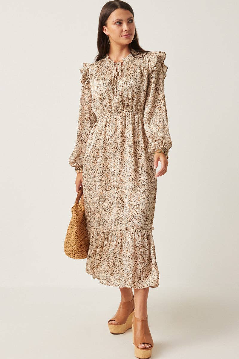 Womens Ditsy Floral Ruffle Detailed Buttoned Dress: Taupe / S