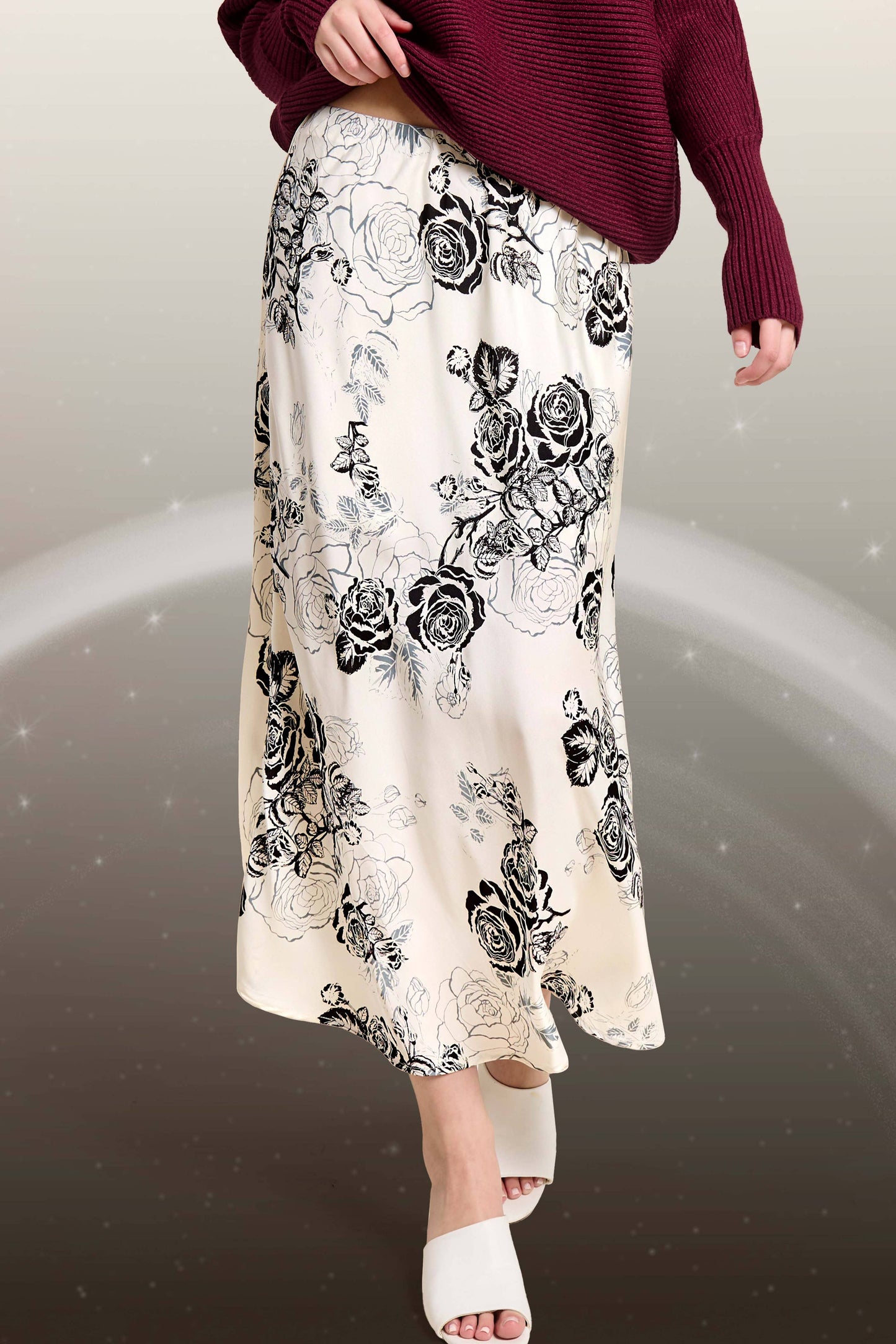 JDP4238-Elegant Contrast Floral Satin Midi Skirt: Black / L