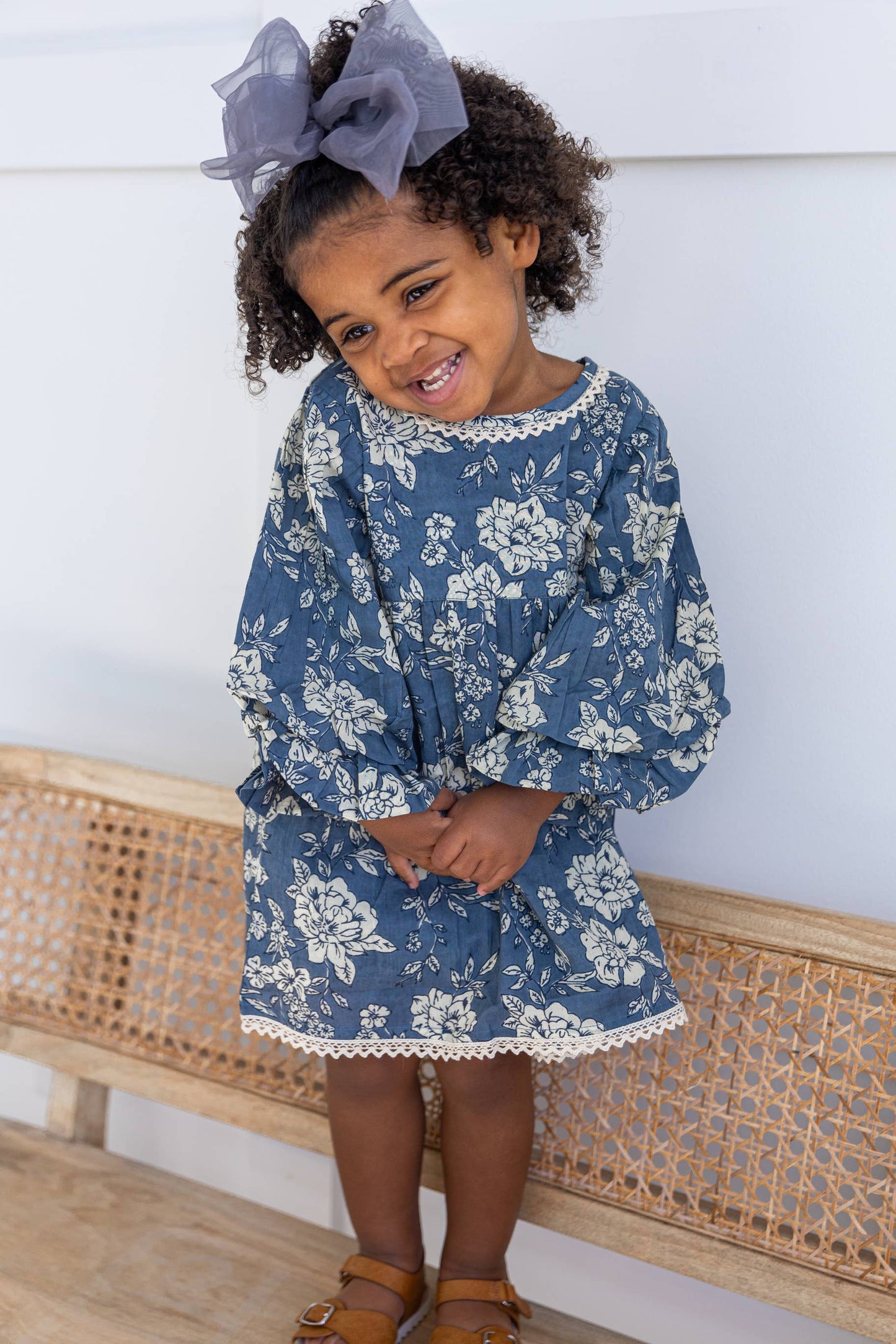 Grey Floral Printed Neck & Bottom Lace Long Sleeves Gathered : Infant : Baby : Toddler : Tween : Kids: 6-9 month