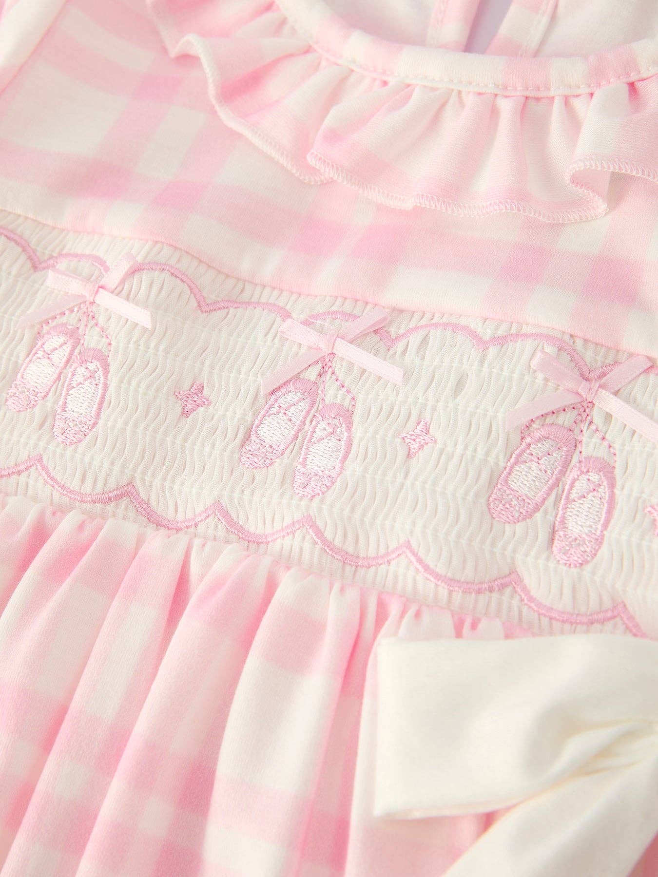 Pink Plaid Ruffle Ballet Shoe Embroidery Long Sleeve Dress: 4