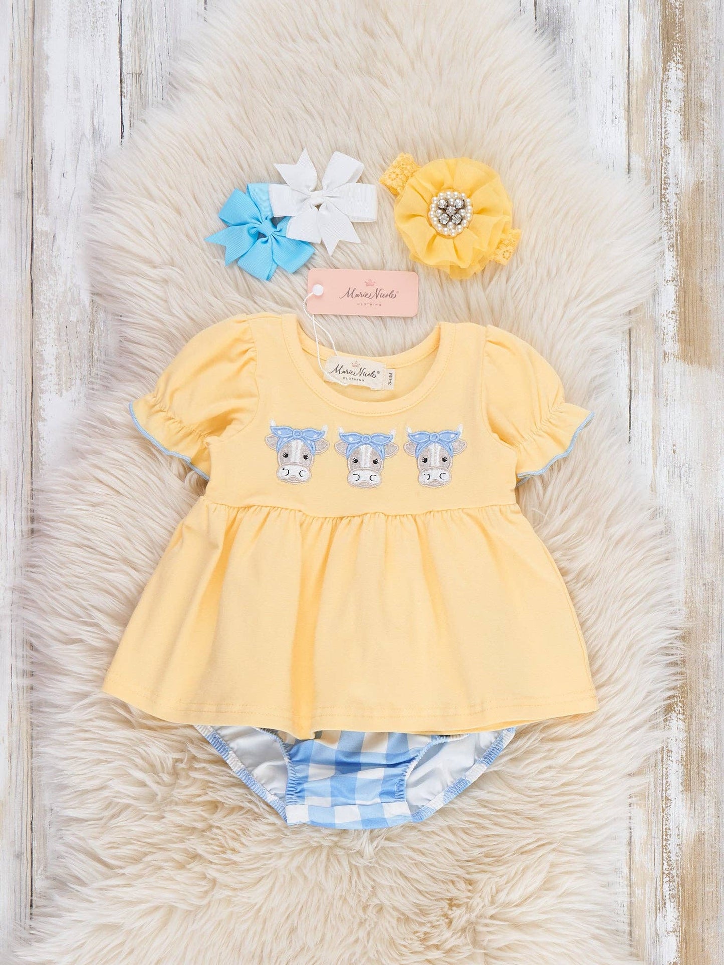 Embroidered Cows Gingham Bloomers Outfit: 0/3MOS